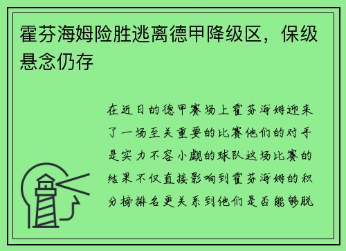 霍芬海姆险胜逃离德甲降级区，保级悬念仍存