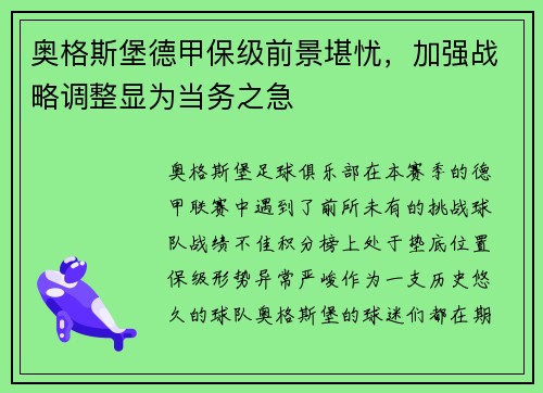 奥格斯堡德甲保级前景堪忧，加强战略调整显为当务之急