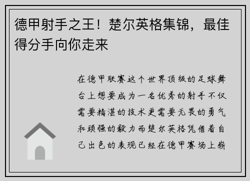 德甲射手之王！楚尔英格集锦，最佳得分手向你走来