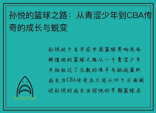 孙悦的篮球之路：从青涩少年到CBA传奇的成长与蜕变